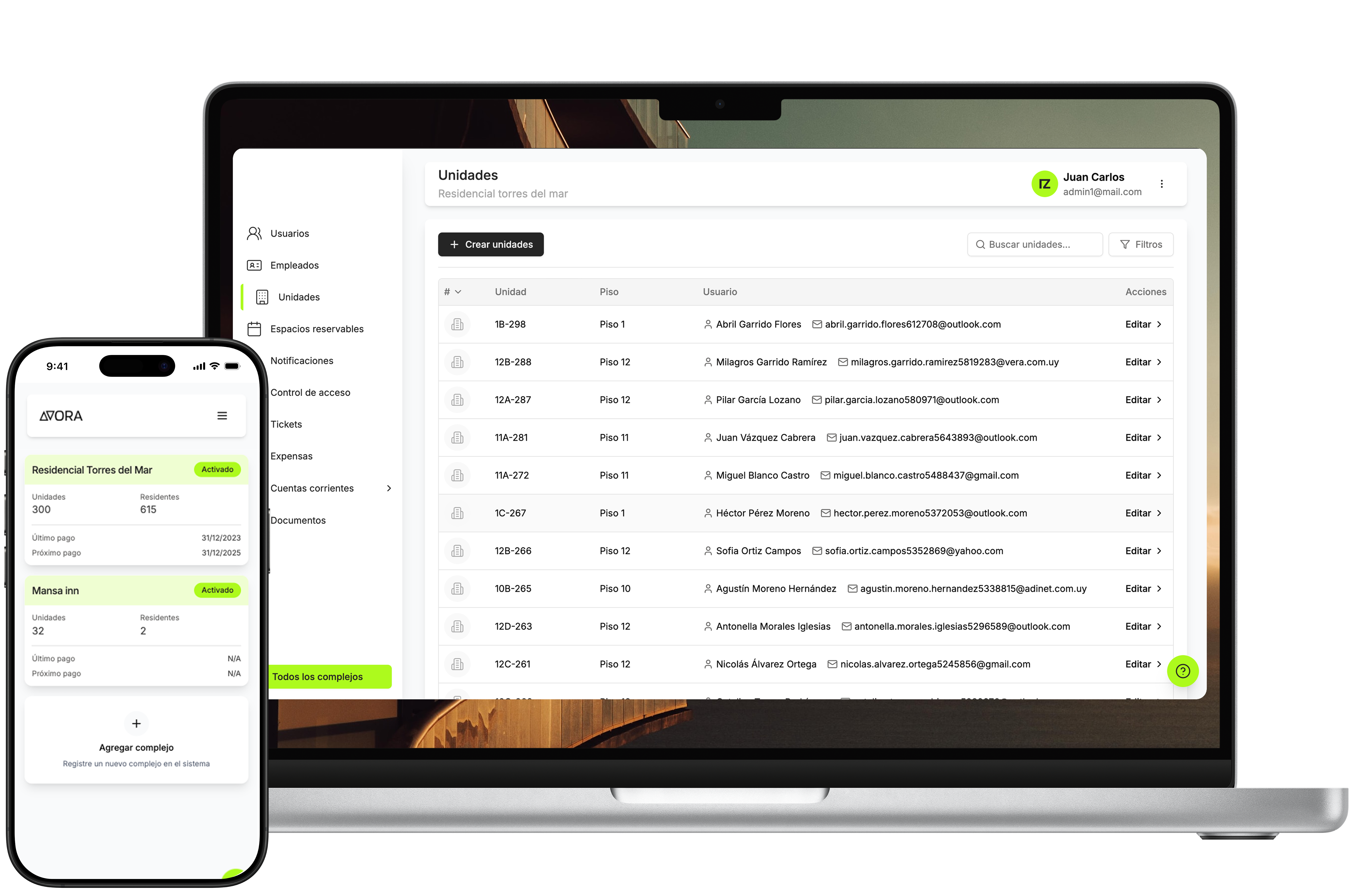 mockup del dashboard de avora